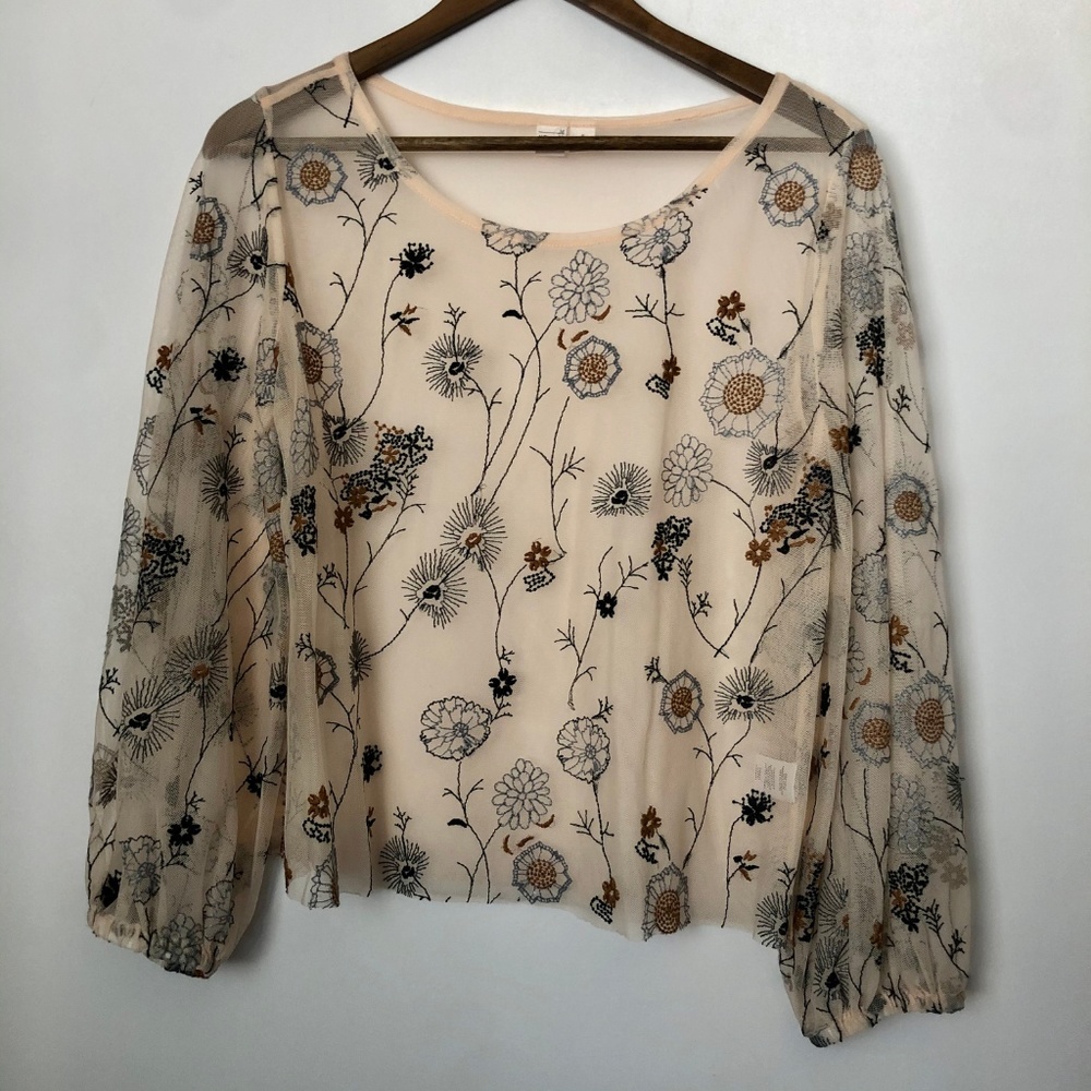 Melrose & Market Sheer Floral Mesh Overlay Blouse